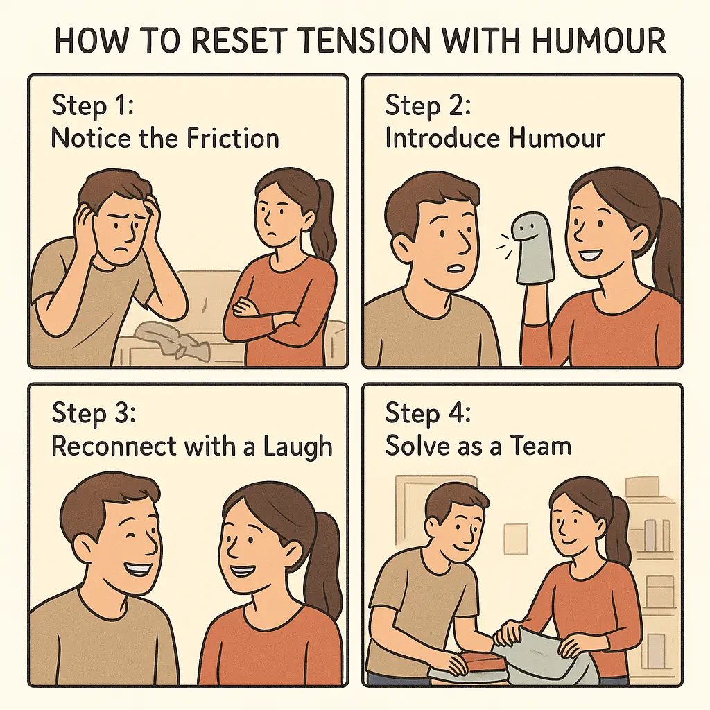 A four-panel comic showing a couple using humour to de-escalate tension, moving from stress to teamwork through laughter and connection.