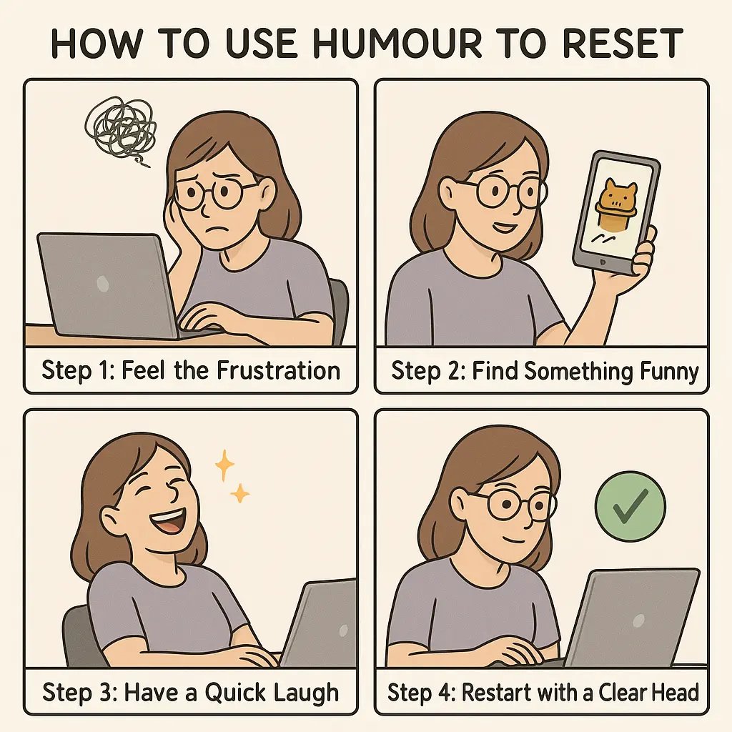 Four-panel comic showing a woman transforming from stressed at her desk to laughing at her phone to calmly productive again