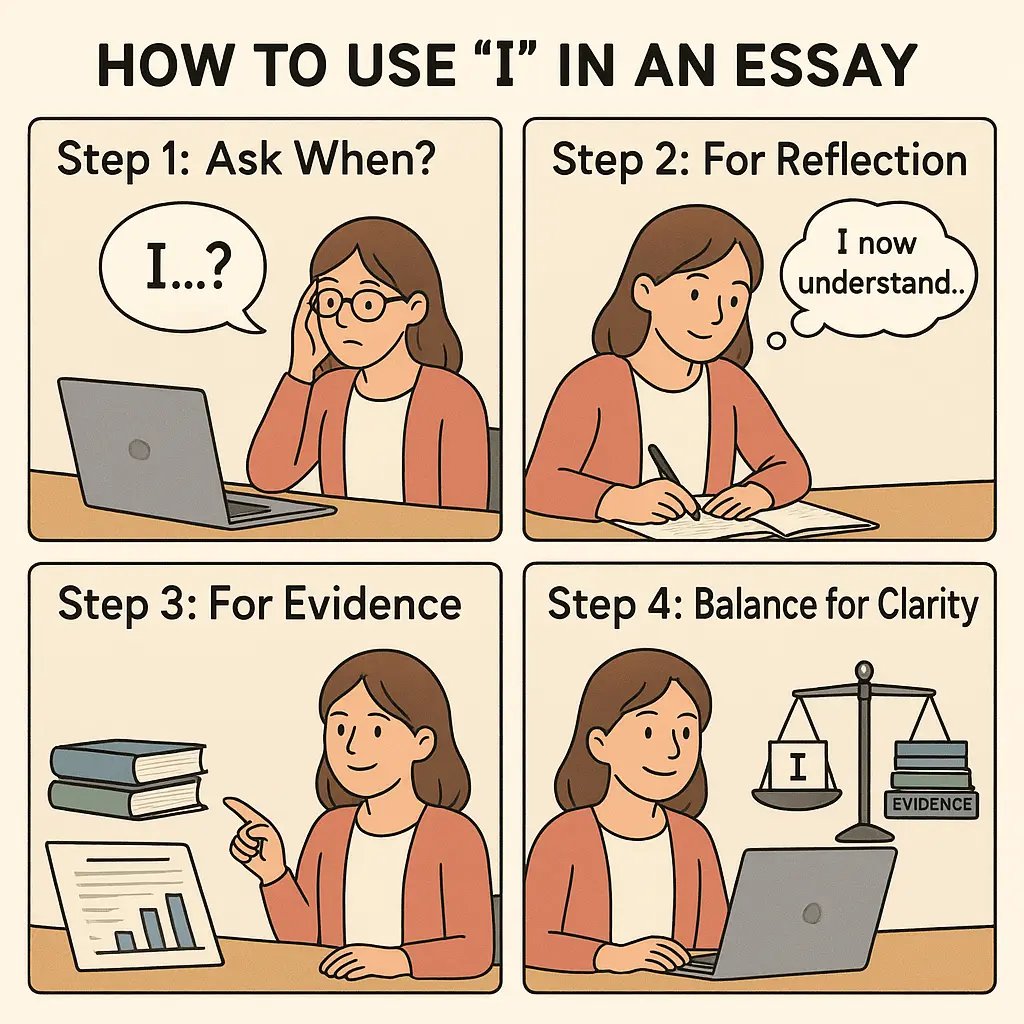 Four-panel comic showing a student learning to use first person appropriately in essays, balancing reflection with evidence-based writing.