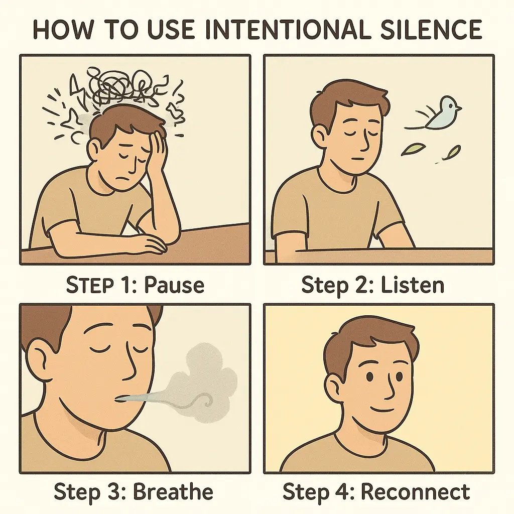 A four-panel comic showing a young man using intentional silence, going from overwhelmed thoughts to peaceful calm and reconnection.