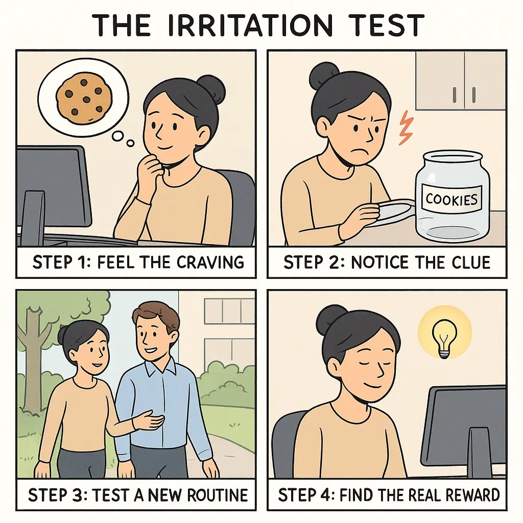 A young woman in an office discovers her real craving through a four-step irritation test, moving from cookie disappointment to finding genuine satisfaction.