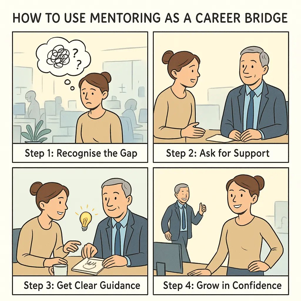 Four-panel comic showing a young professional's journey from overwhelmed to confident through workplace mentorship support.