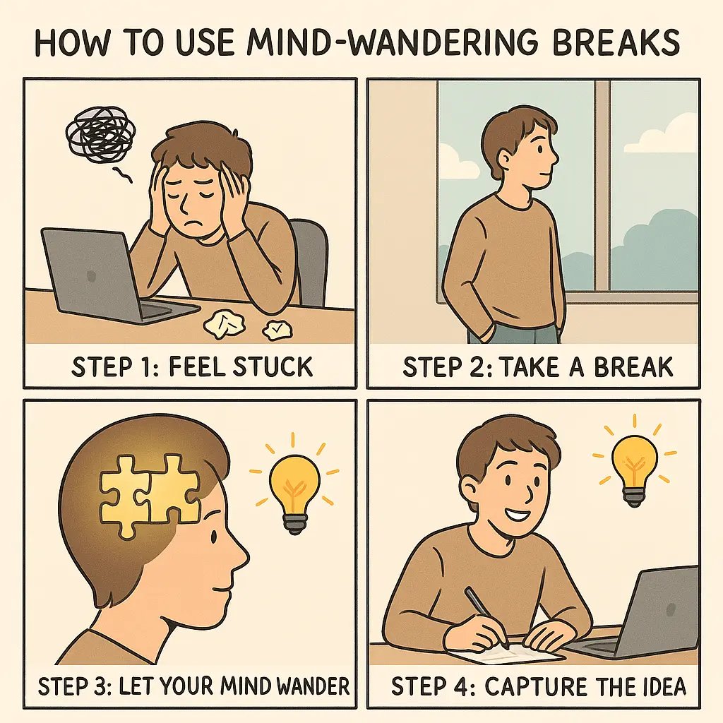 Four-panel comic showing a person moving from feeling stuck at their desk to having a breakthrough idea after taking a mind-wandering break
