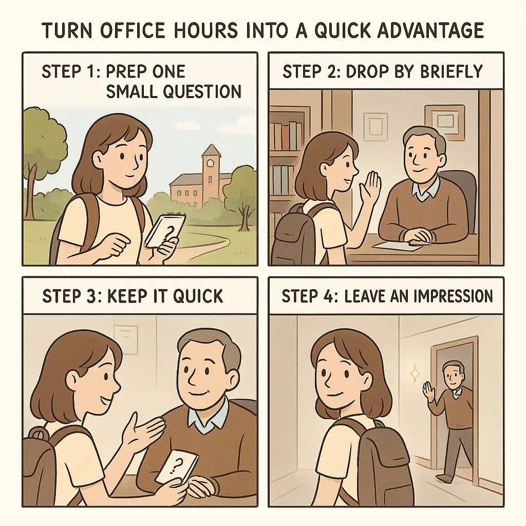 A student confidently visiting a professor's office with a notepad, illustrating a stress-free approach to office hours.