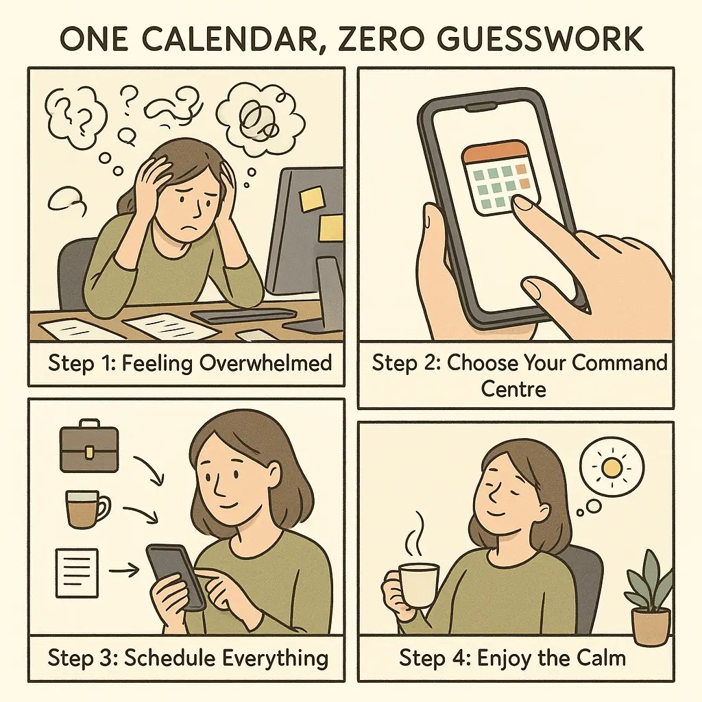 Four-panel comic strip showing a woman's journey from overwhelmed and stressed to calm and organised by using one digital calendar system