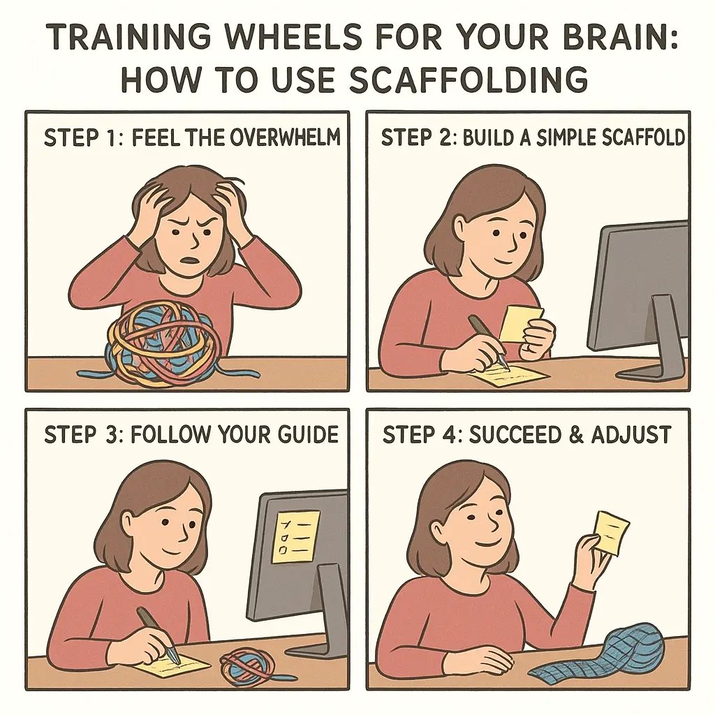 Comic strip showing a woman using a simple checklist to transform an overwhelming tangled project into a finished accomplishment