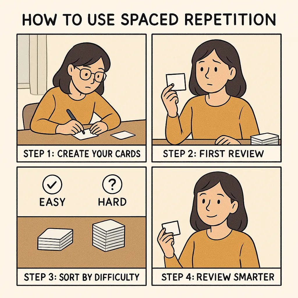 A woman confidently reviewing flashcards after using the spaced repetition technique, showing her progress from creating cards to mastering them efficiently.