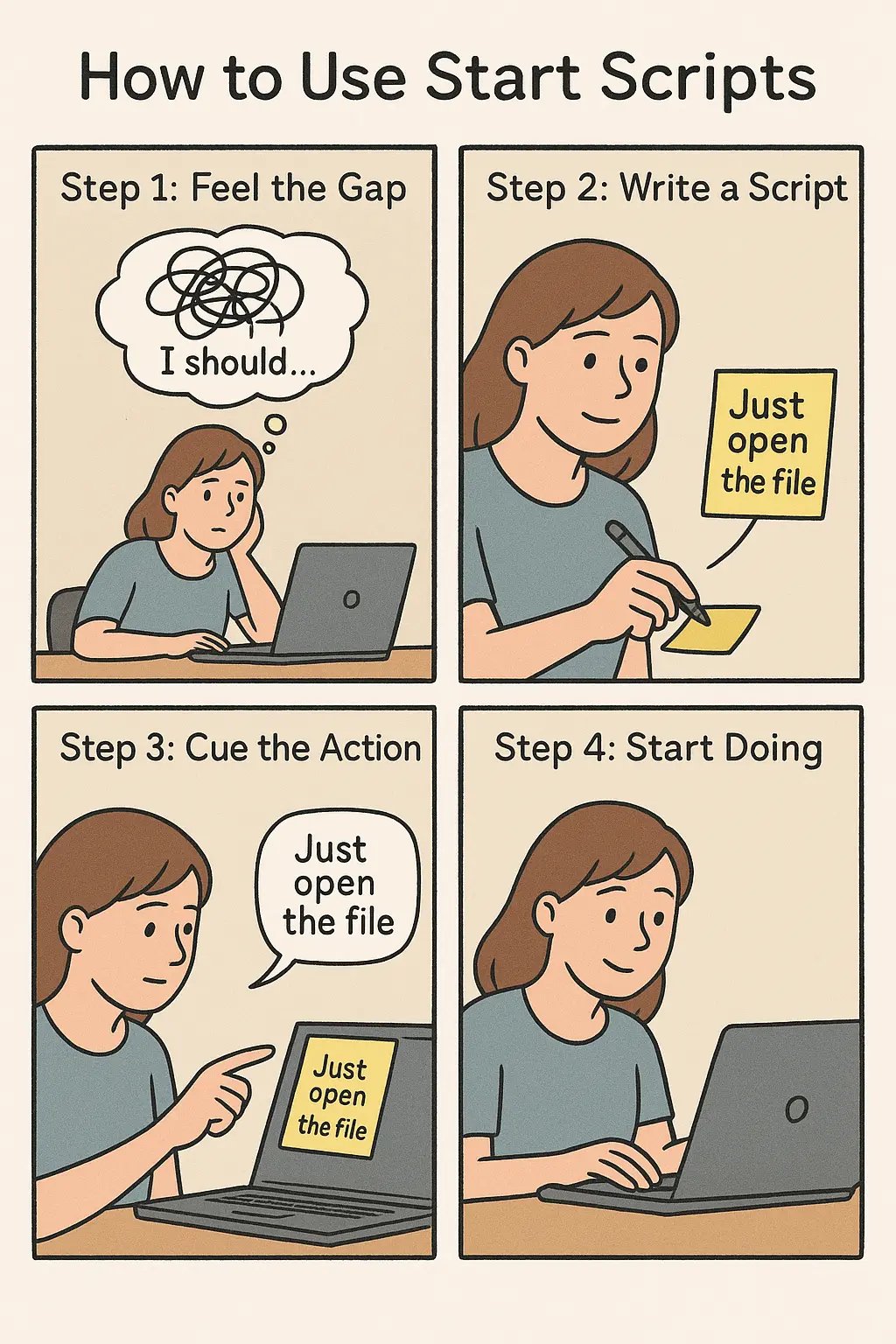 Four-panel comic showing a woman using a start script to overcome procrastination and begin working calmly