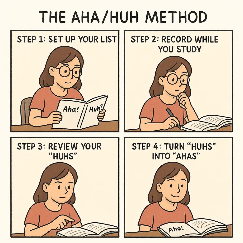 Four-panel comic showing a student using the Aha/Huh method: setting up two columns, recording insights, reviewing confusion points, and achieving clarity.