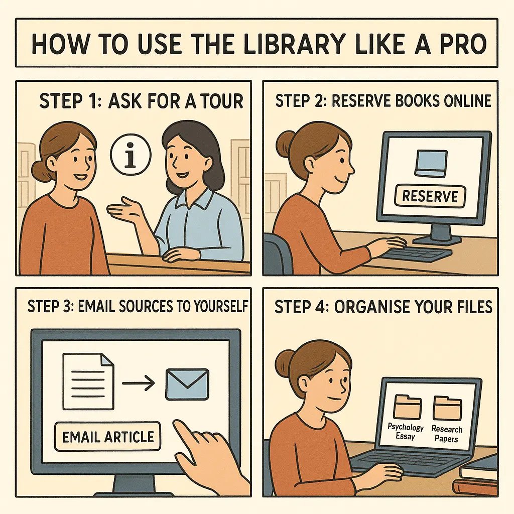 Four-panel comic showing a student learning efficient library use: taking a tour, reserving books online, emailing sources, and organising digital files at home.