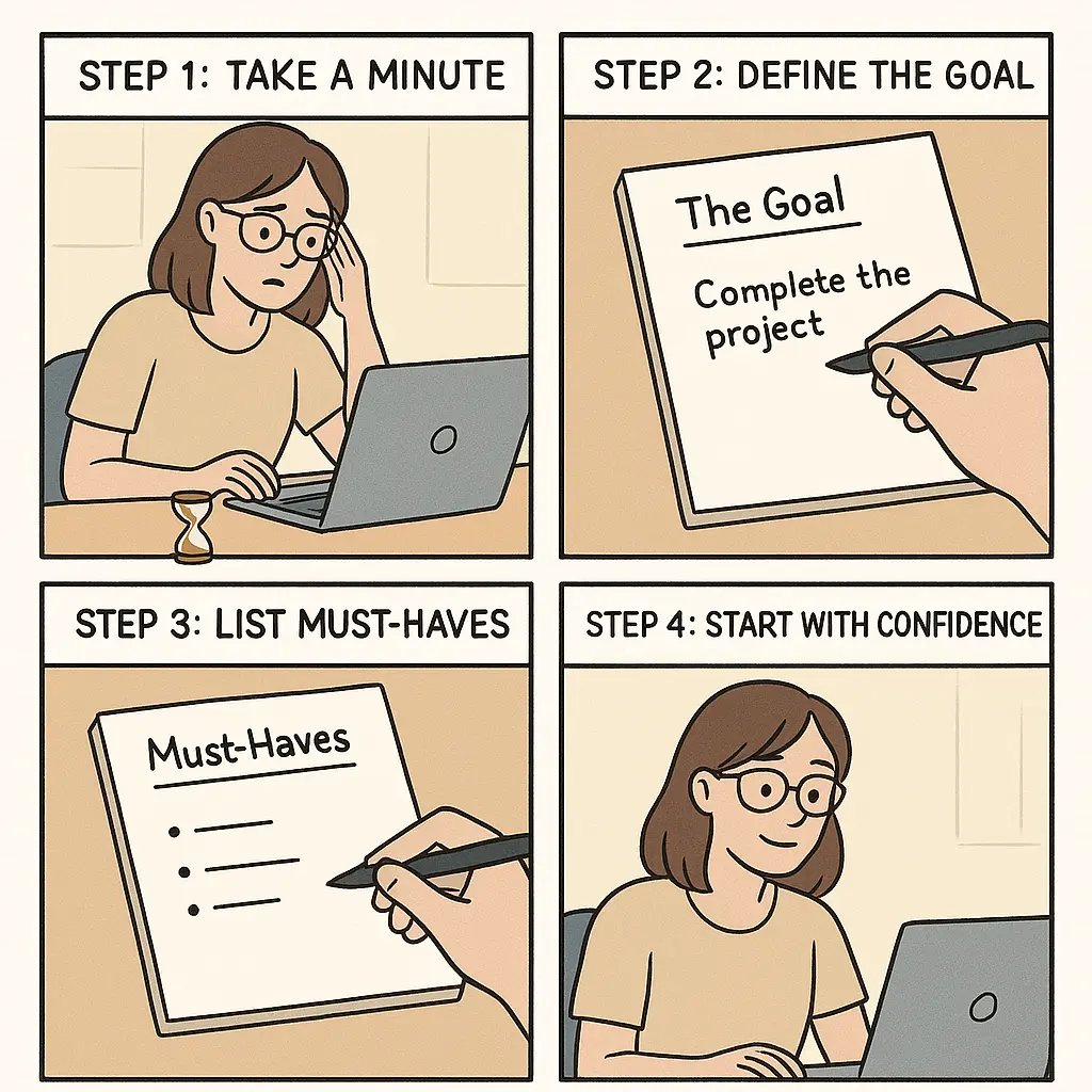 A young woman with glasses calmly planning her work using the Map Minute technique, progressing from overwhelm to confident focus in four illustrated steps.