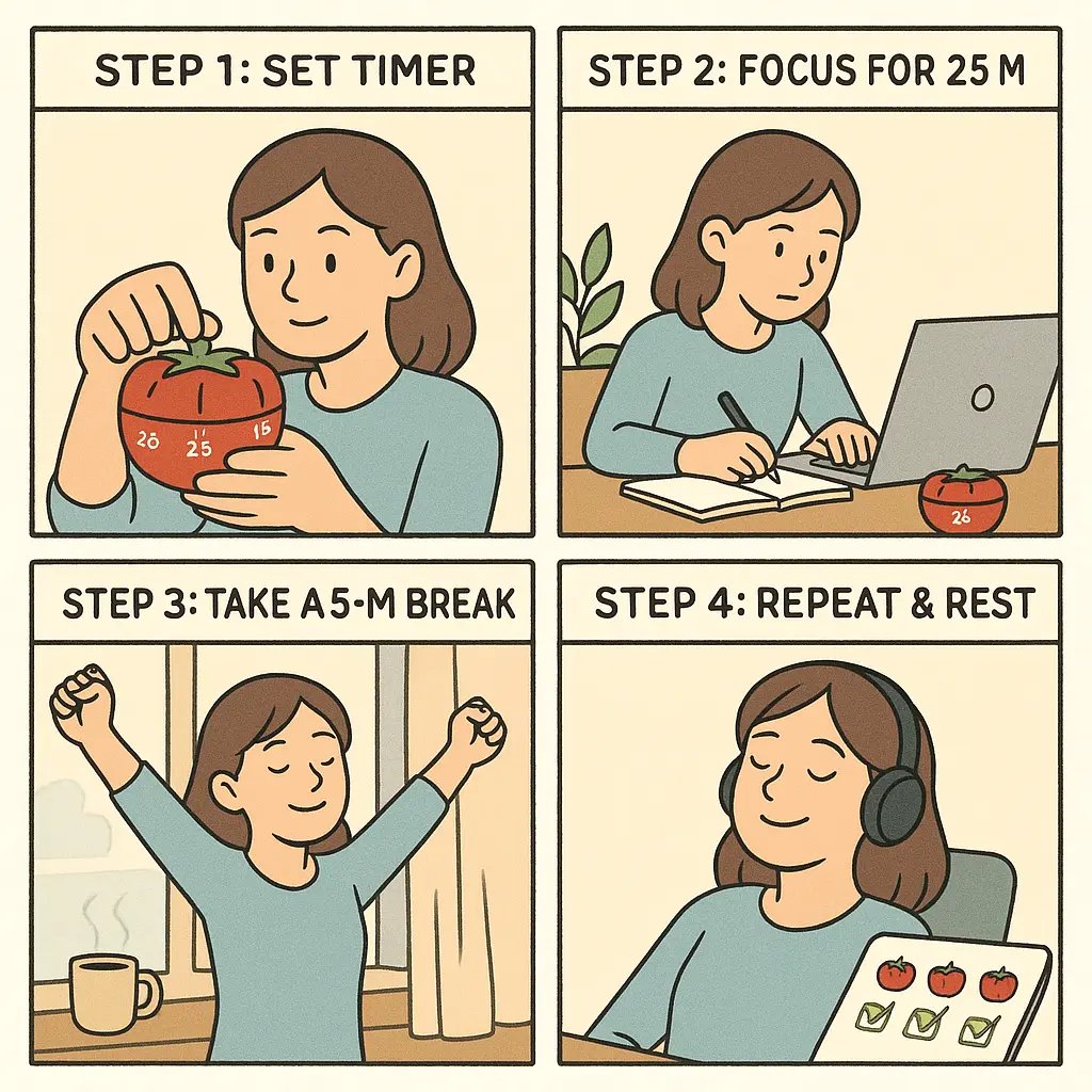 Comic strip showing a woman using the Pomodoro Technique with a tomato timer, working at her desk, taking breaks, and tracking progress.