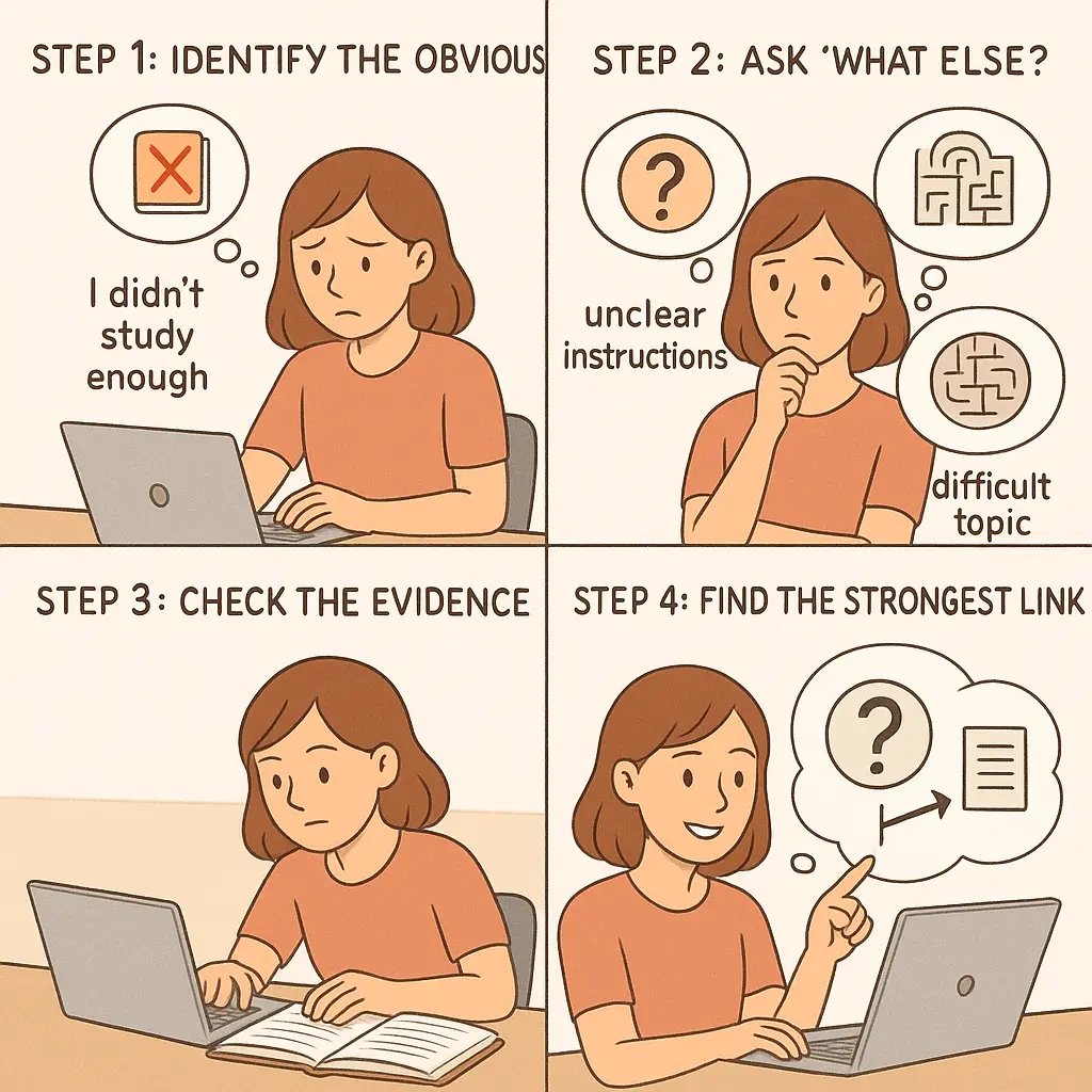 A four-panel comic showing a student testing multiple explanations for a poor grade using the What Else? method.