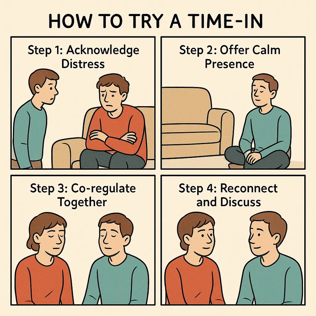 A four-panel comic illustrating a young adult offering calm presence to another during distress, co-regulating together, then reconnecting peacefully.