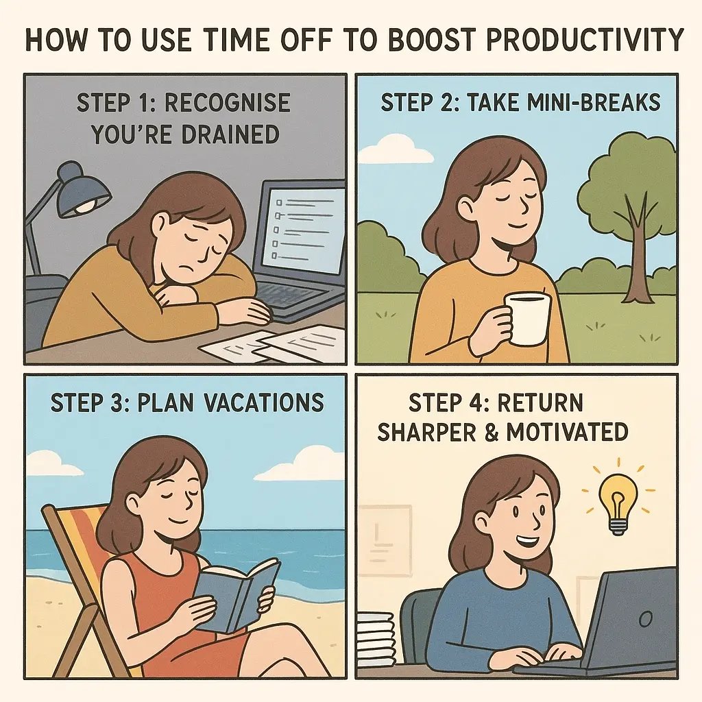Four-panel comic showing transformation from exhausted worker to refreshed professional after taking strategic breaks and vacation
