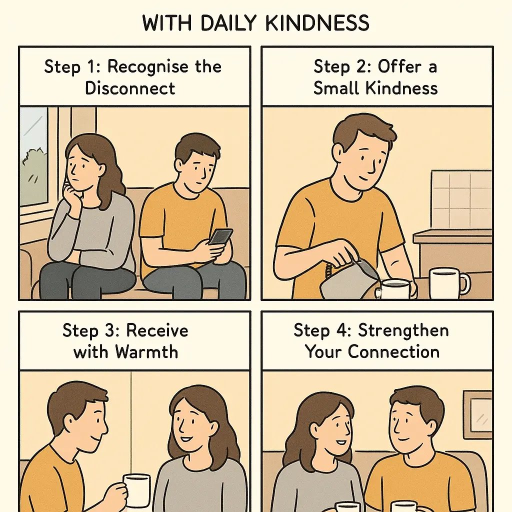 A four-panel comic showing a couple reconnecting through a simple act of kindness, from recognising distance to sharing warmth together over tea