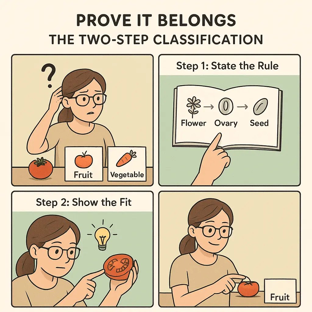A young woman examines a tomato next to fruit and vegetable boxes, discovering the two-step classification method through clear visual examples.