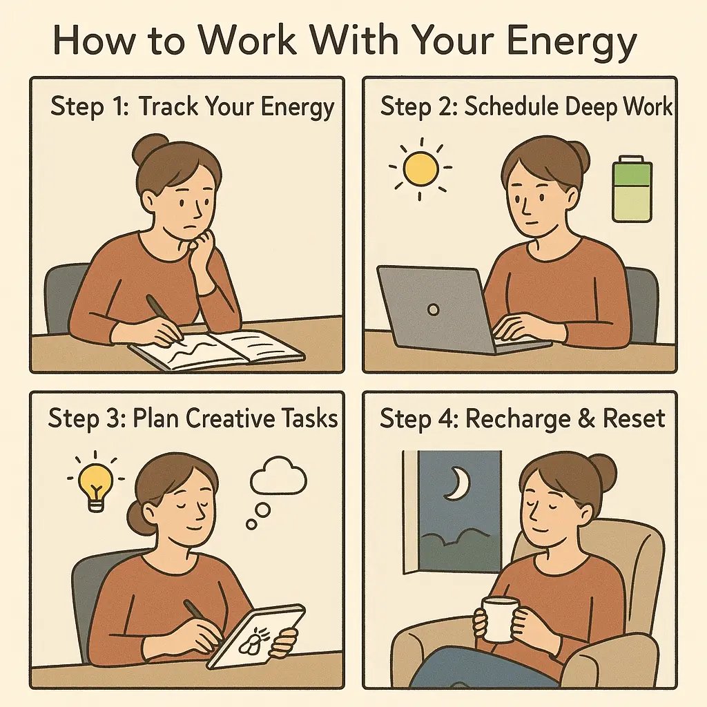 A four-panel comic showing a woman tracking energy, doing focused work at high energy, creative work at low energy, and recharging in an armchair.