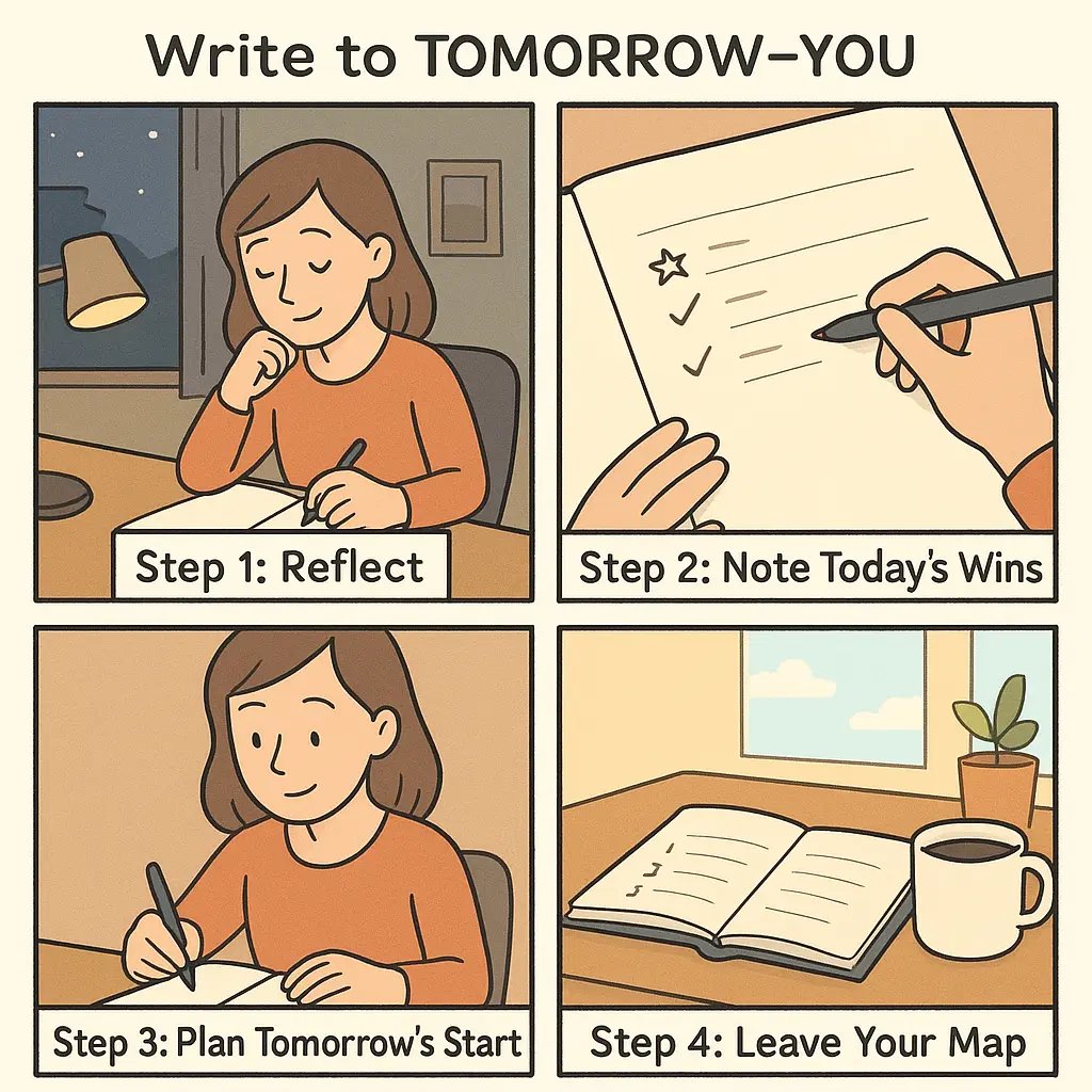 Four-panel comic showing a person writing an evening note, planning three steps, and finding the note by their morning coffee