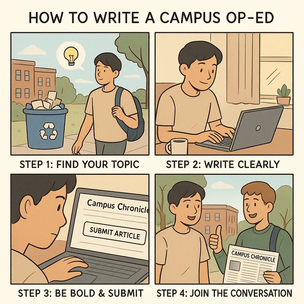 Student walking across university campus noticing an overflowing recycling bin with a lightbulb icon above their head, symbolising inspiration for an opinion piece