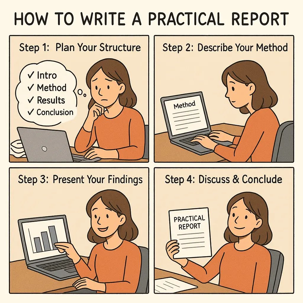 University student following four clear steps to write a practical report, from planning to presenting a finished document