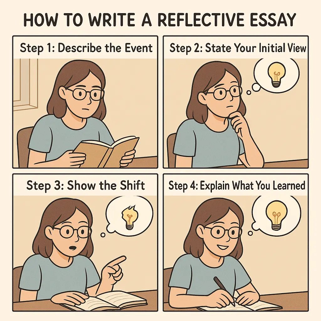 Four-panel guide showing a student learning to write a reflective essay, illustrating the progression from describing an event to explaining new understanding.