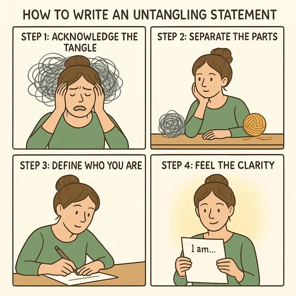 Four-panel comic showing a woman moving from overwhelm to clarity by separating neurodivergent challenges from her identity