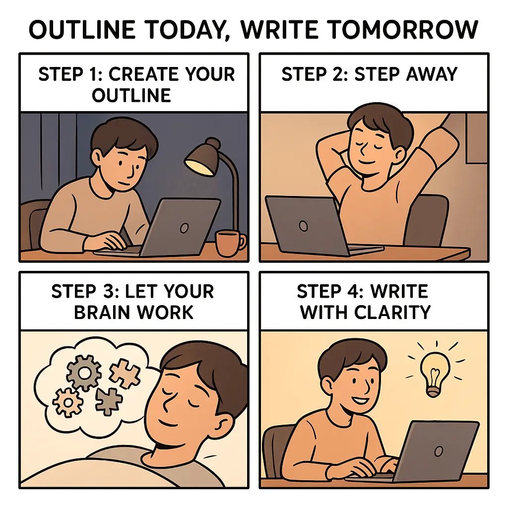 A four-panel comic showing a student outlining in the evening, stepping away to rest, sleeping while their brain processes ideas, then writing with clarity the next morning.