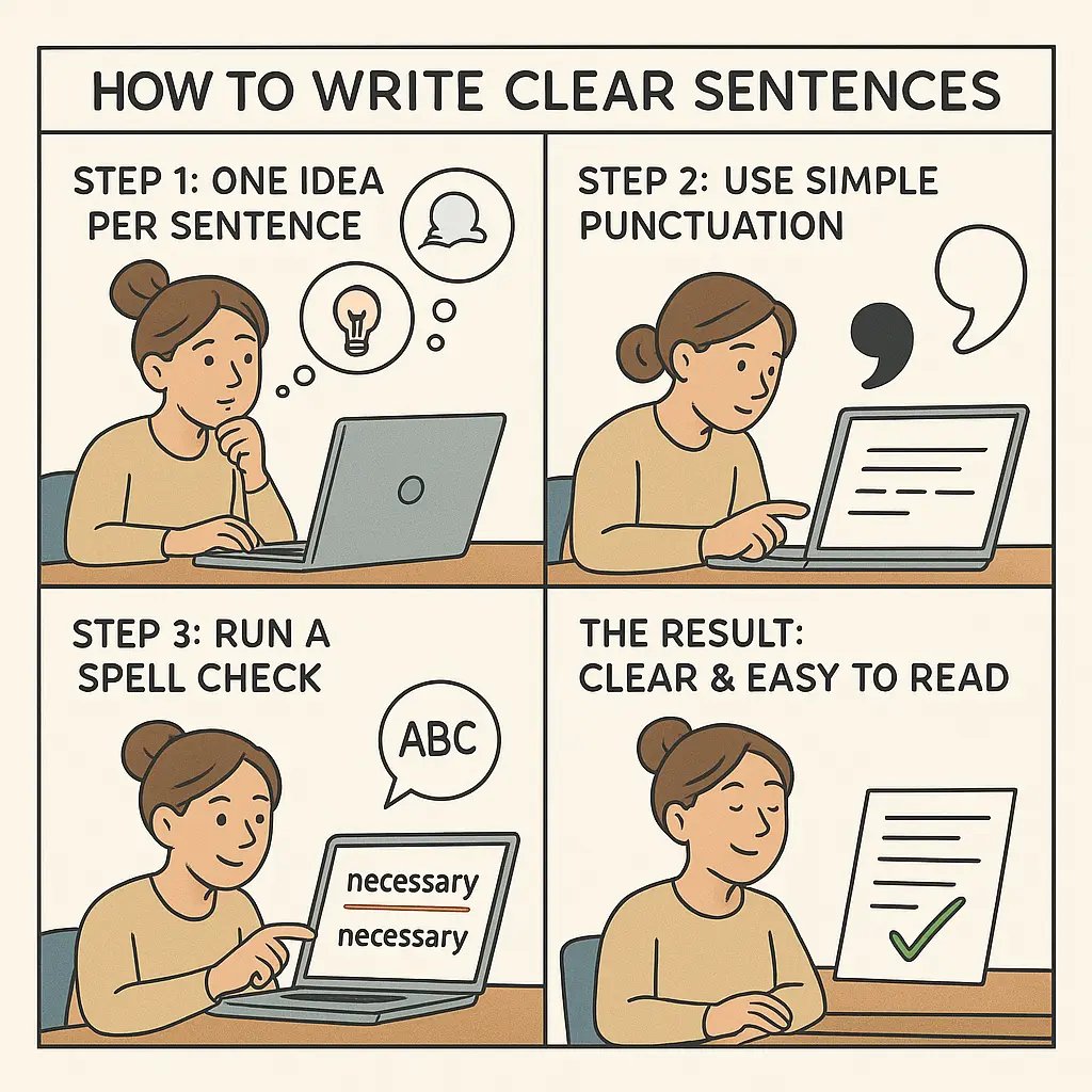 A four-panel comic showing a student transforming messy sentences into clear text through focused writing steps.