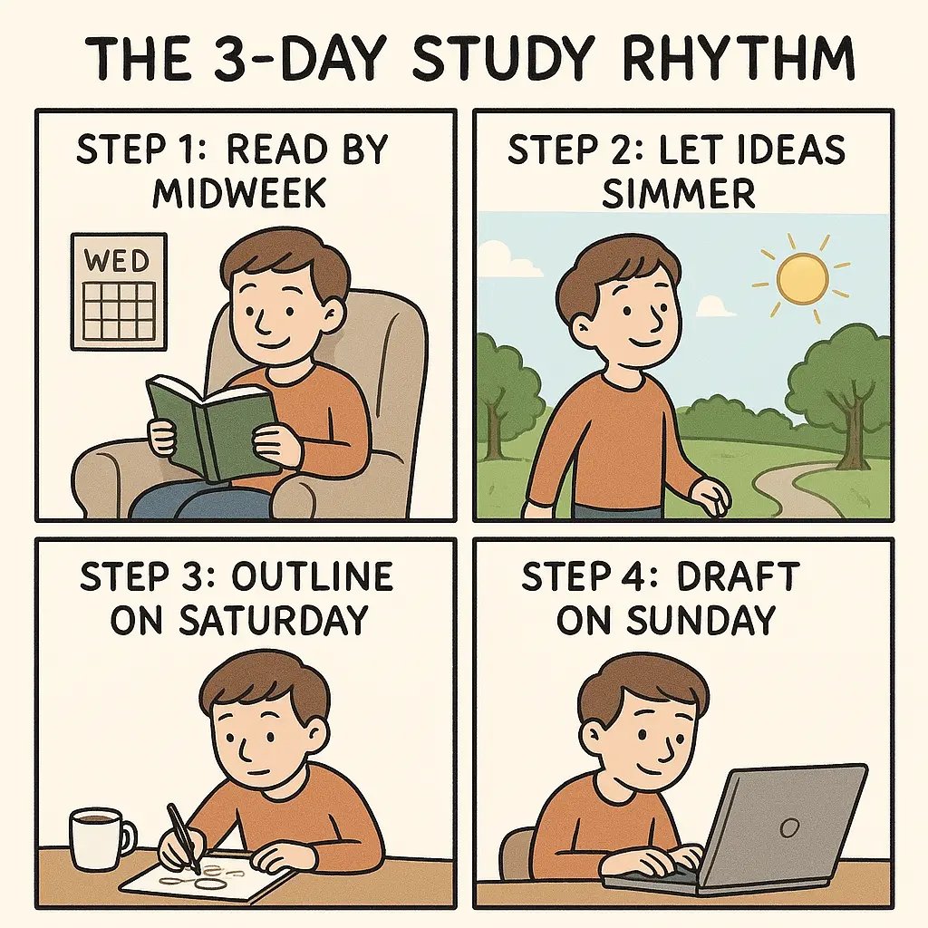 Four-panel comic showing a student following a calm weekly study rhythm, from reading to drafting with breaks between each step