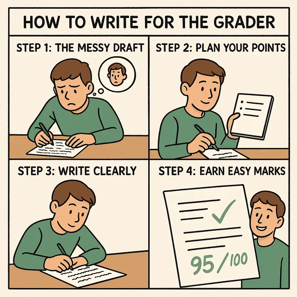 Four-panel comic showing a student's progression from messy exam writing to neat, structured answers earning high marks