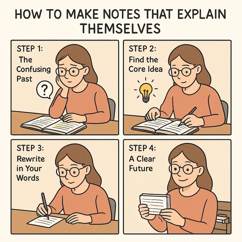 Four-panel comic showing a student transforming a confusing quote into a clear, self-explanatory note in her own words.
