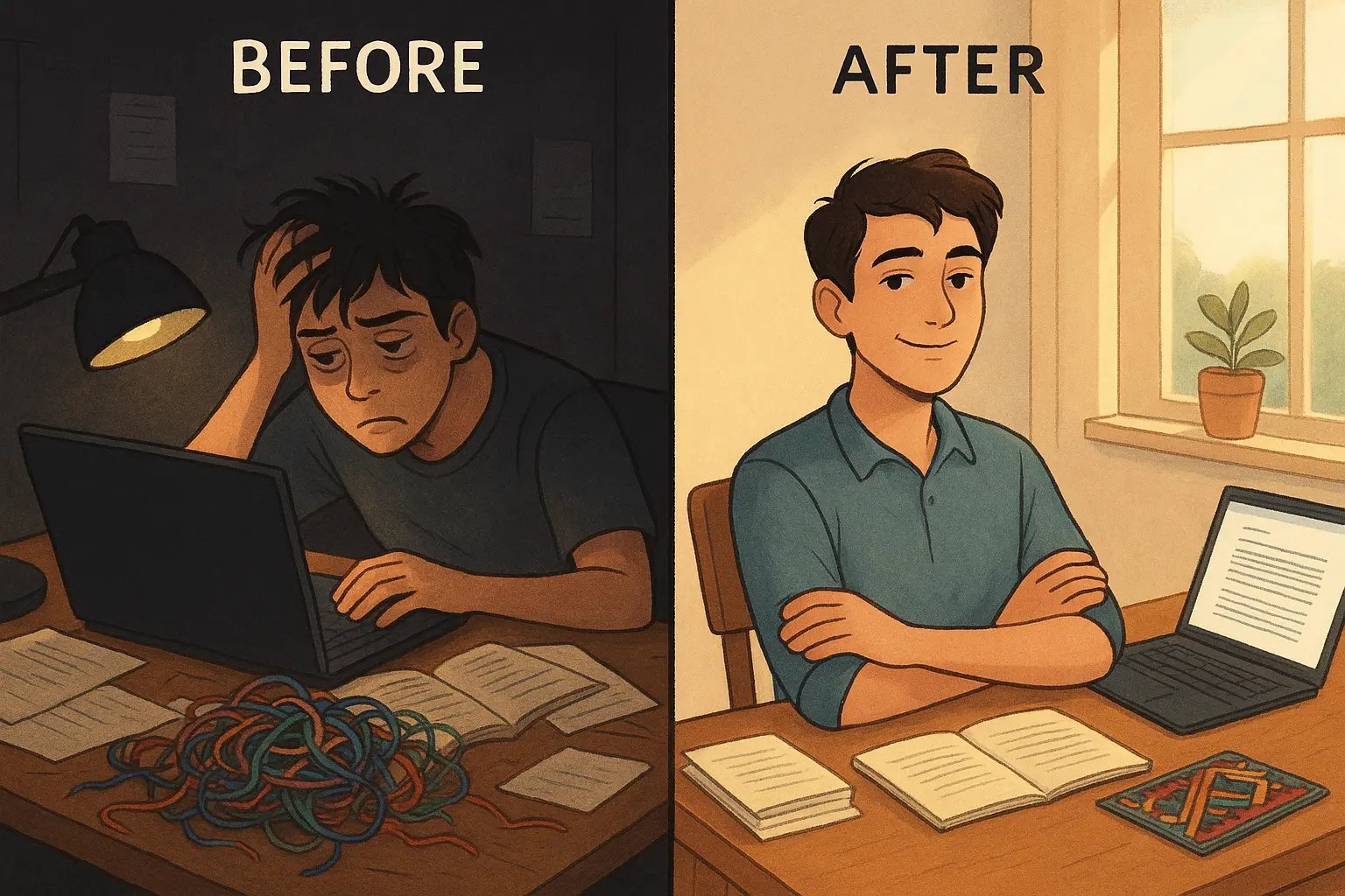 Student transformation from chaotic desk with tangled ideas to calm confidence with woven essay themes creating clear conclusion