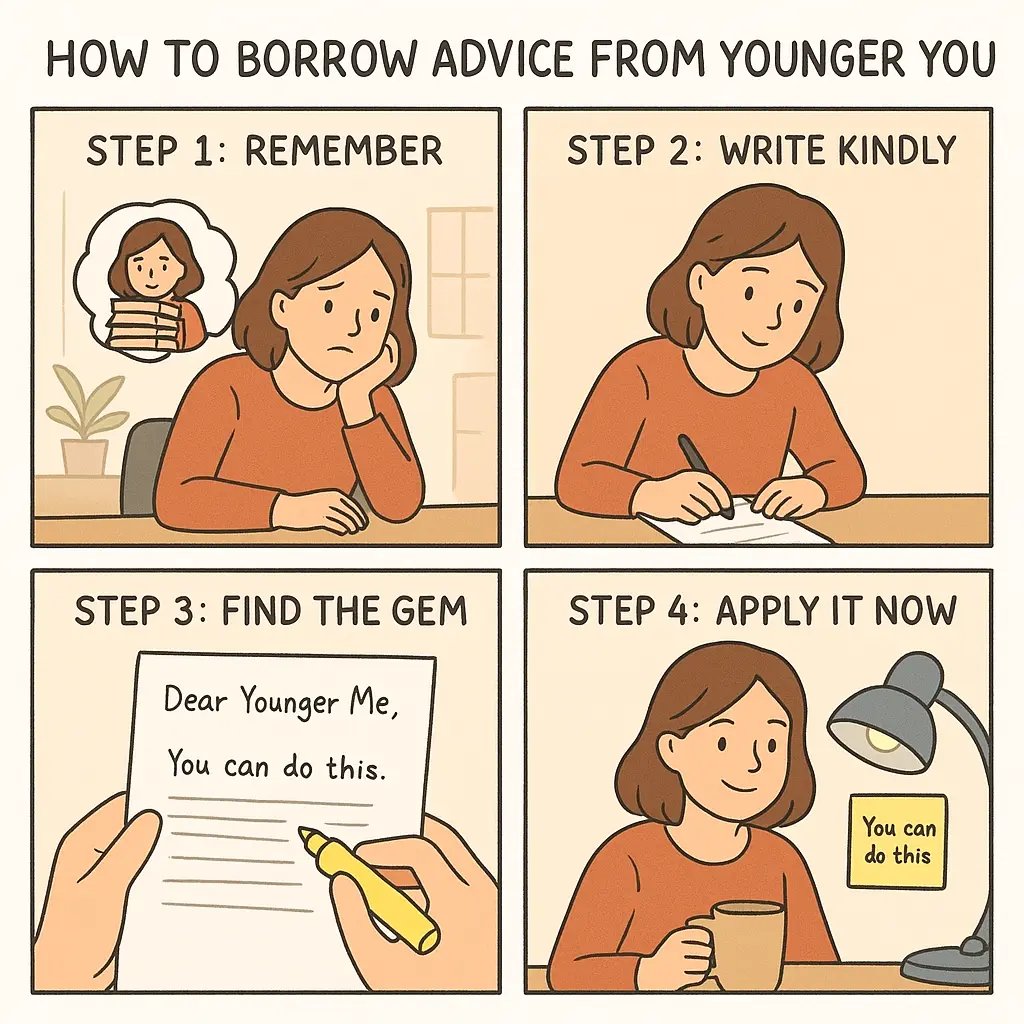 Four-panel comic showing a woman writing compassionate advice to her younger self about procrastination and applying it today