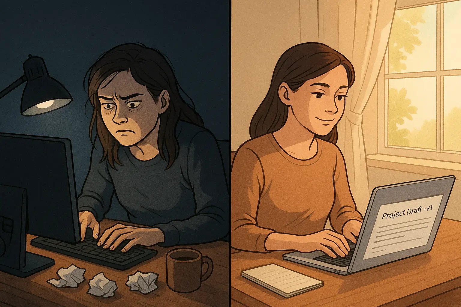 Woman at desk transforming from stressed perfectionism to calm progress by labelling work as version one