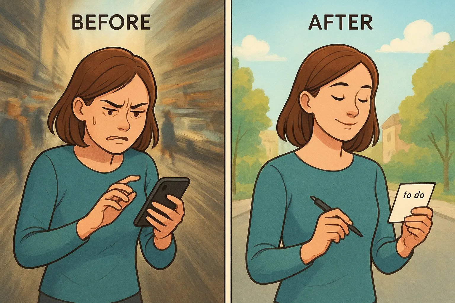 Split panel showing a woman transforming from stressed with phone to calm with index card on a busy street