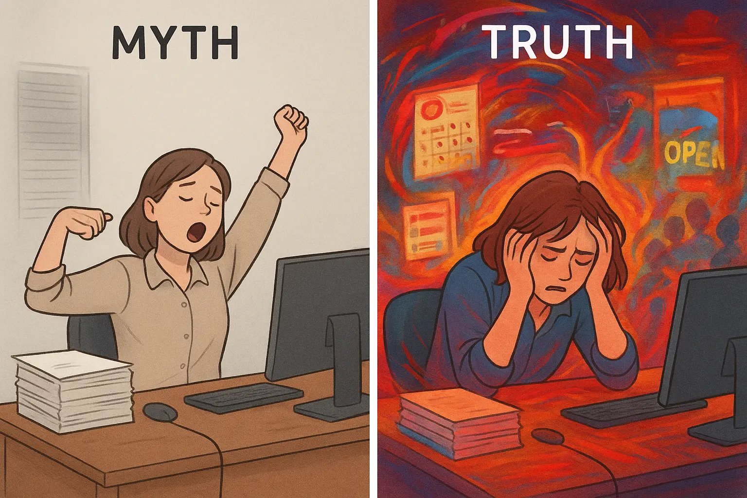 Woman at desk showing contrast between normal tiredness and sensory overwhelm with vibrant chaotic colours