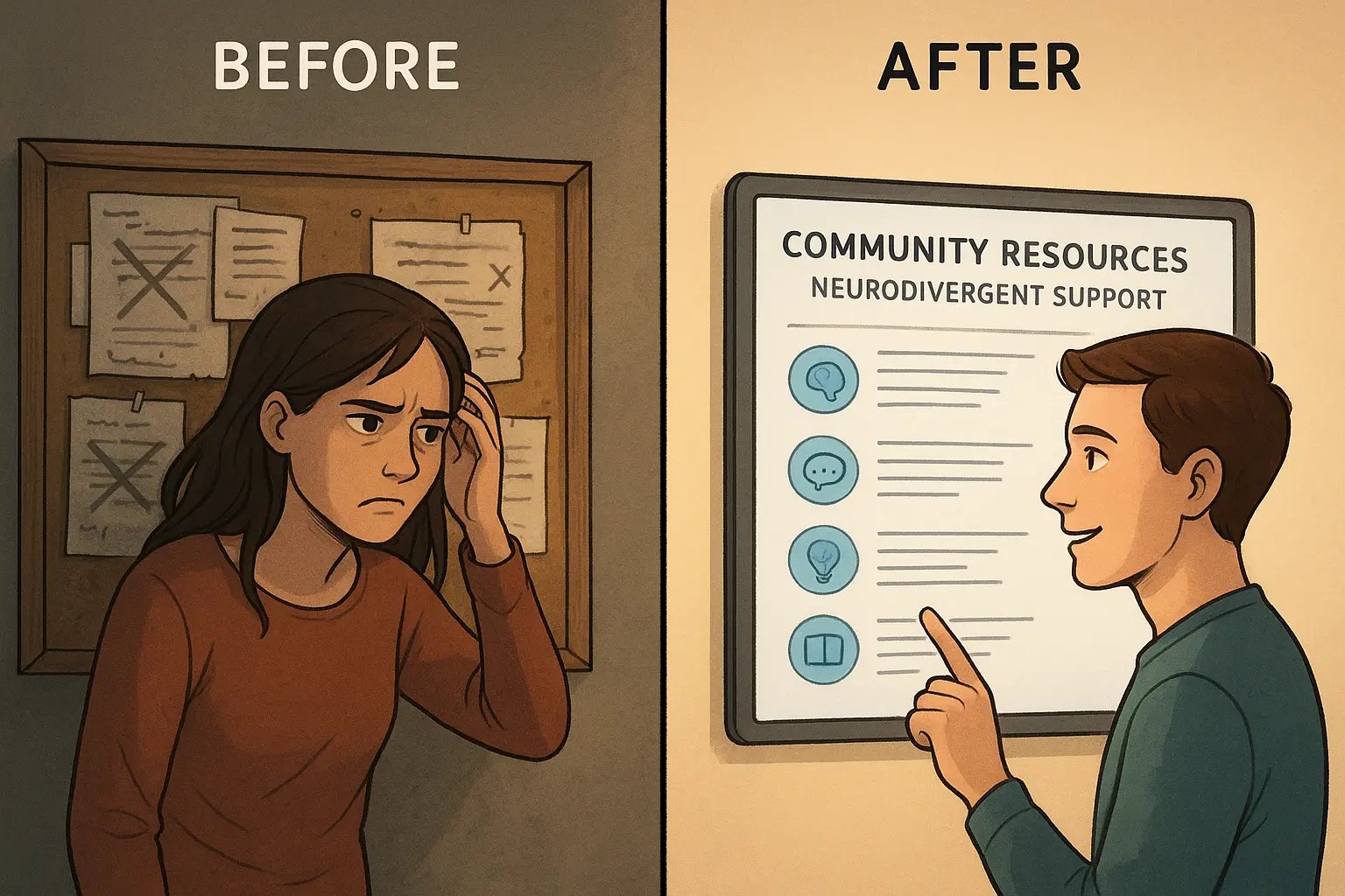 Split panel showing transformation from frustrated woman at messy bulletin board to relieved man finding help on organised digital screen