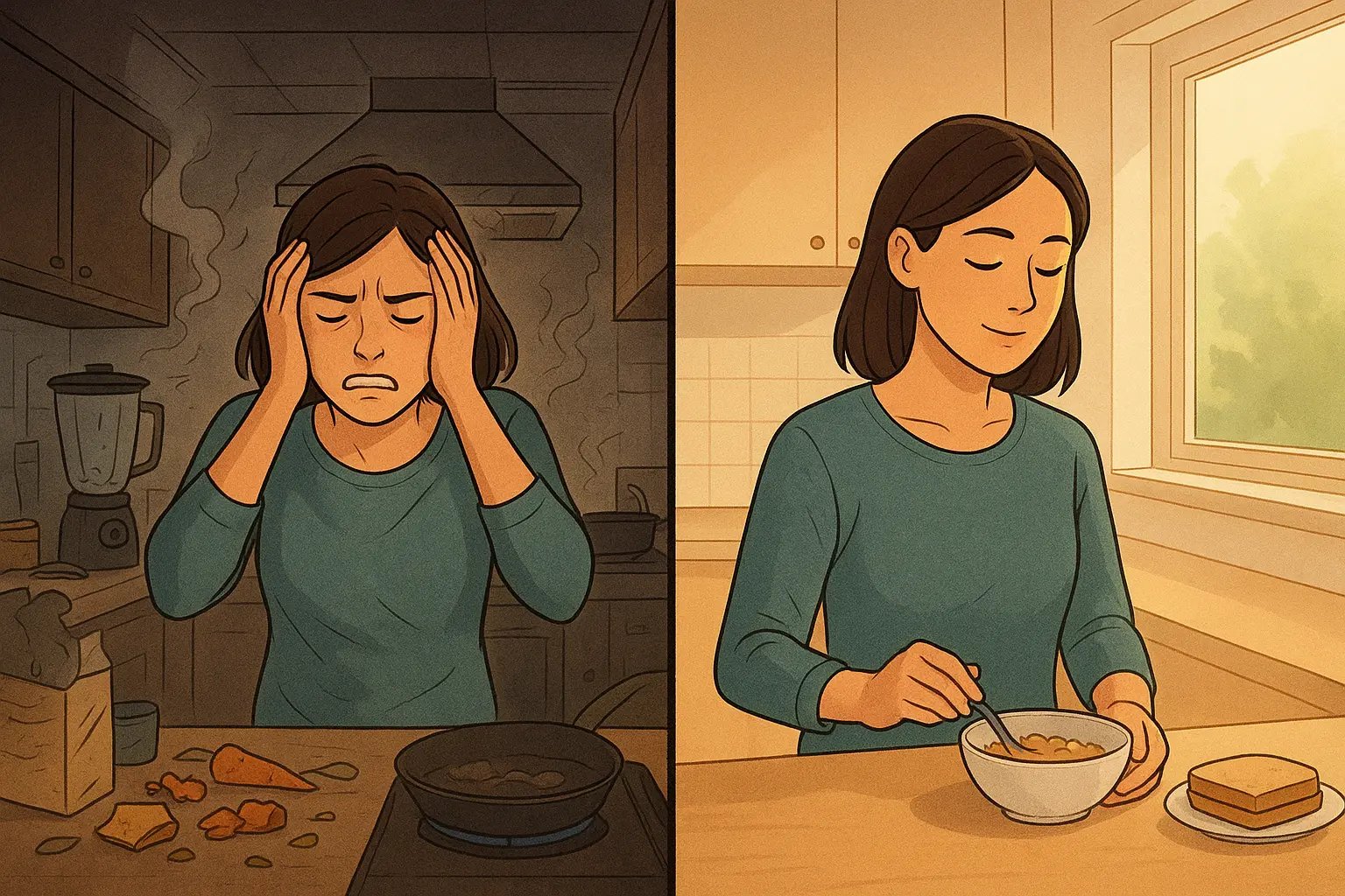 A woman transforms from covering her ears in a chaotic kitchen to calmly preparing food in a quiet, organised space.