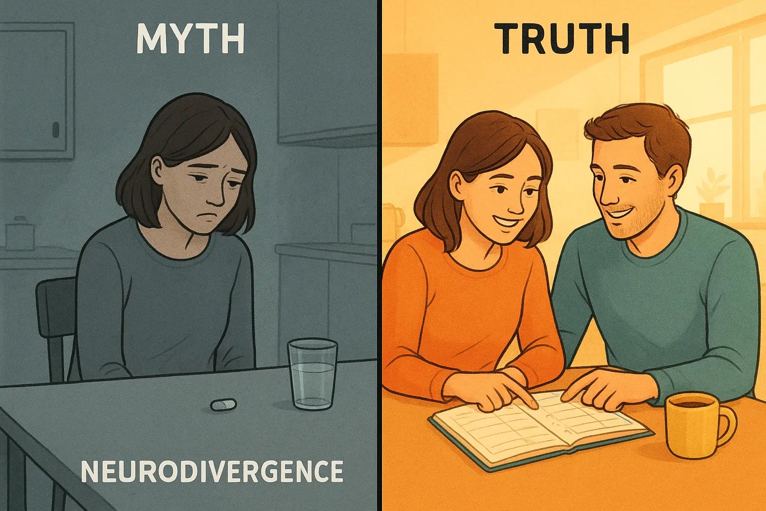 Couple collaborating with shared planner at kitchen table, illustrating teamwork in managing neurodivergence together with supportive partnership.