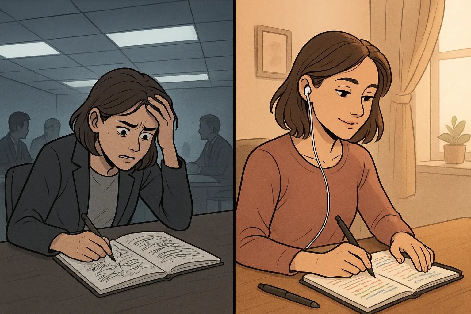 Woman transforming from stressed meeting note-taking to calm, focused review using a smartpen and organised notebook