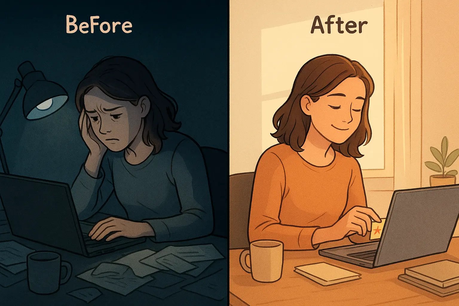 Woman at tidy desk in morning sunlight, calmly placing a colourful sticky note reminder on her organised laptop