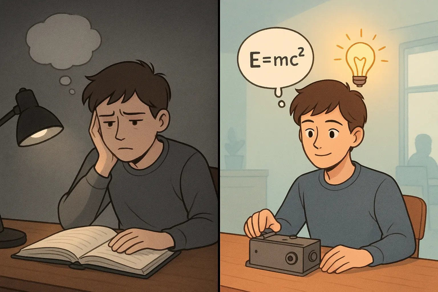 Student confidently recalling information triggered by a real-world object, demonstrating effective memory cue strategy