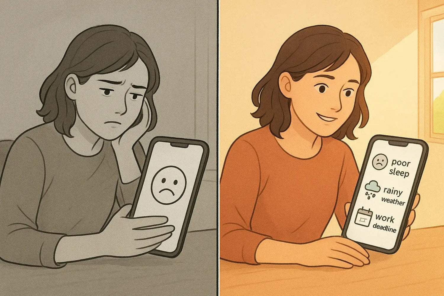 Woman at desk experiencing clarity by viewing detailed mood journal entry with sleep, weather, and work context on her phone