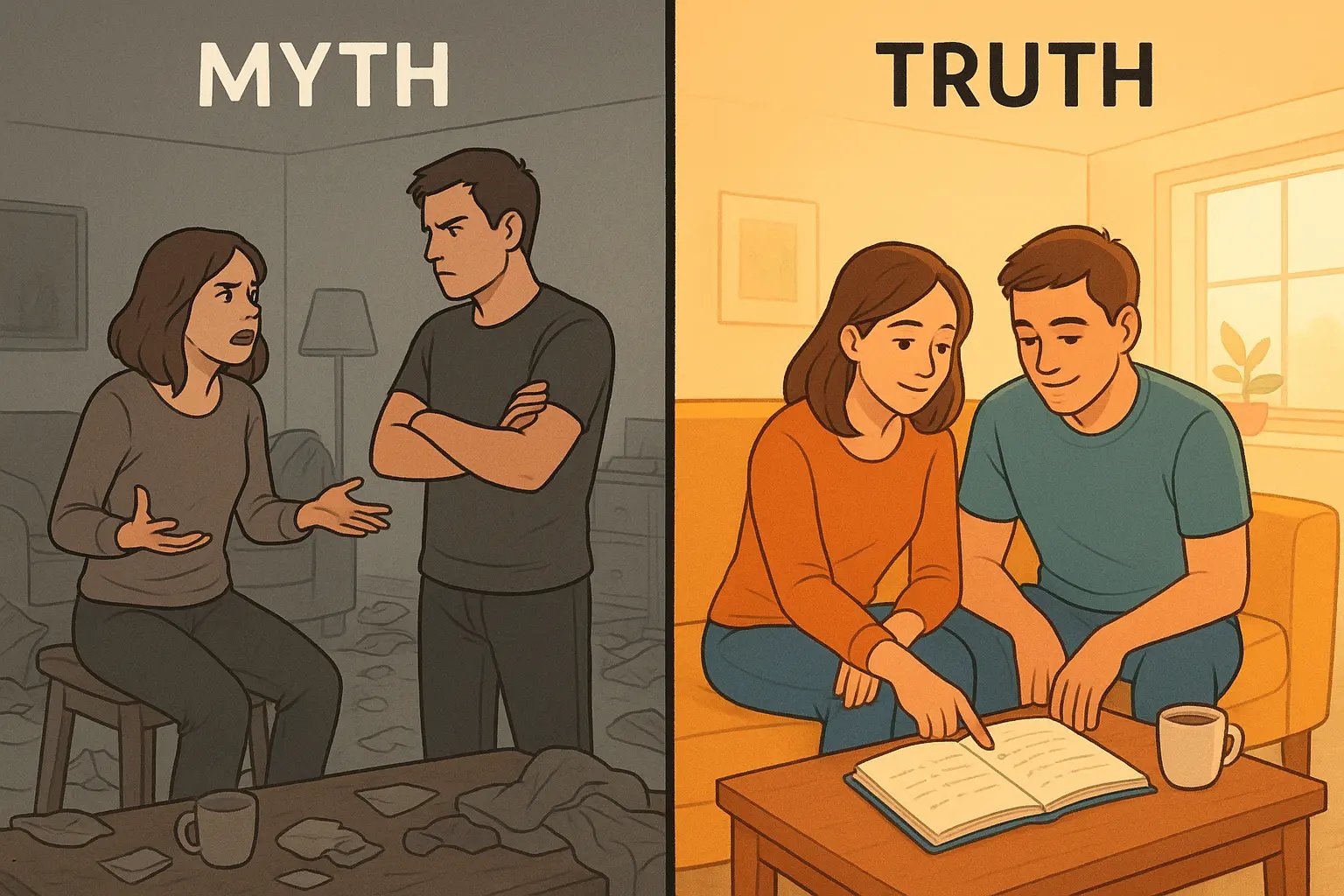 Side-by-side comparison: a couple arguing in a messy room versus the same couple calmly planning together in a bright, organised space.