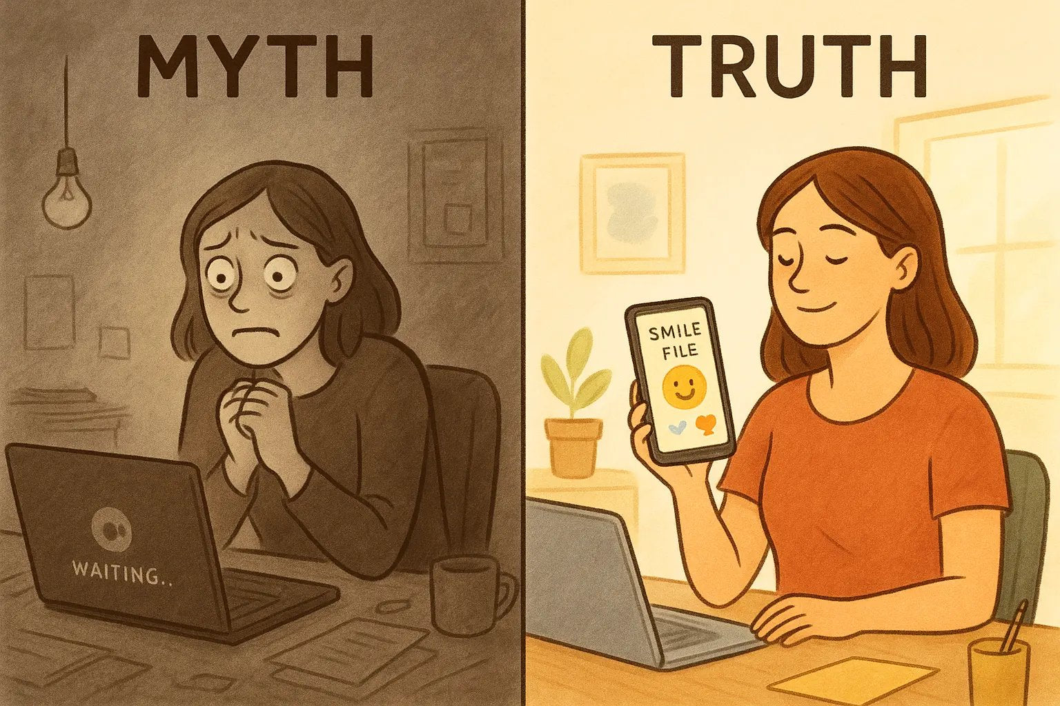 Woman calmly reviewing positive messages on her phone before a video call, replacing anxiety with confidence from her smile file.