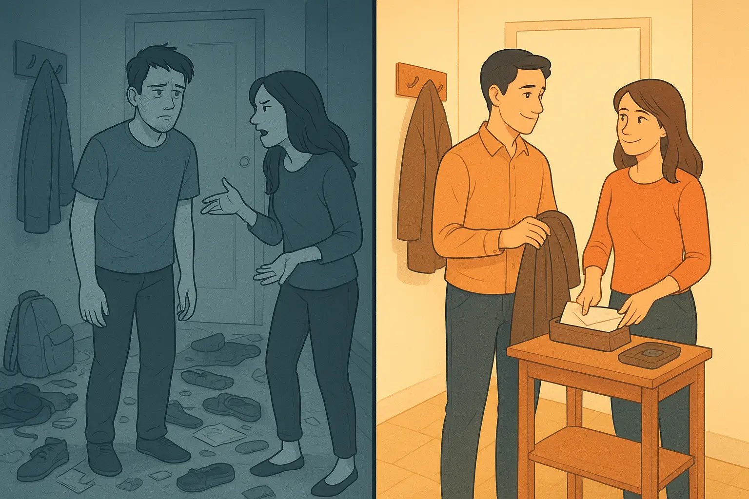Split illustration showing a couple arguing in a chaotic entryway versus the same couple calmly organising together using a landing routine