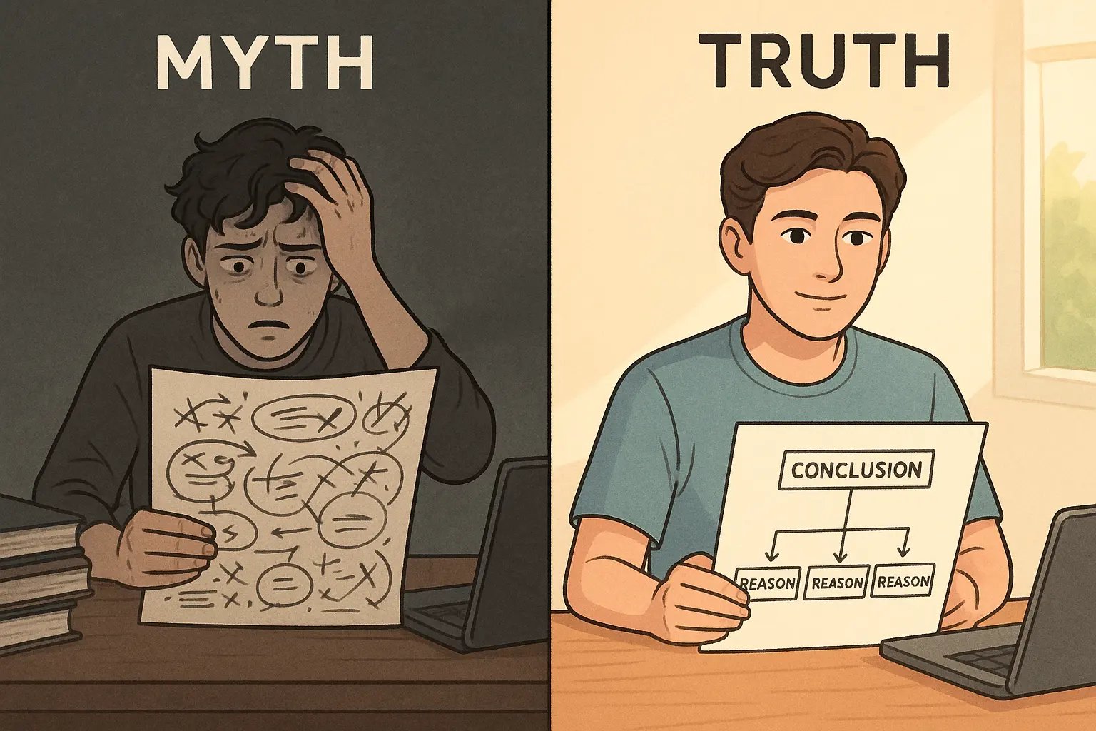 Side-by-side comparison of a stressed student with chaotic notes versus a confident student with a clear, structured argument map.