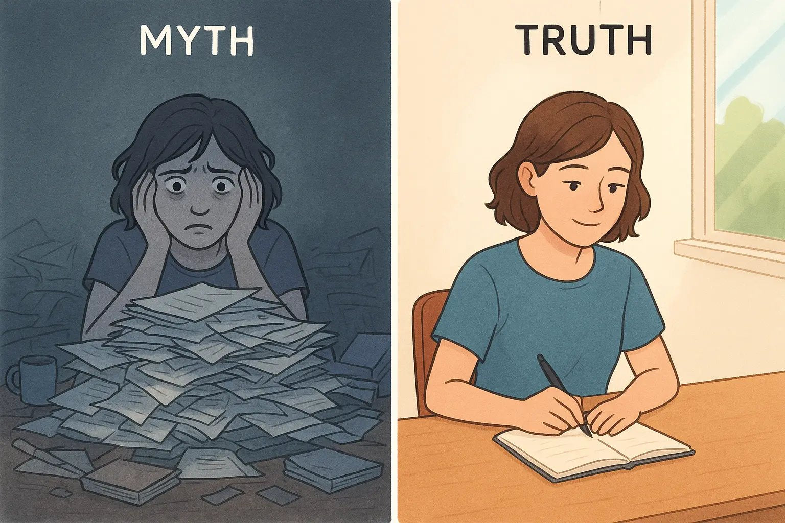 A woman transforms from overwhelmed by clutter to calmly focused on one small, manageable task at her desk.