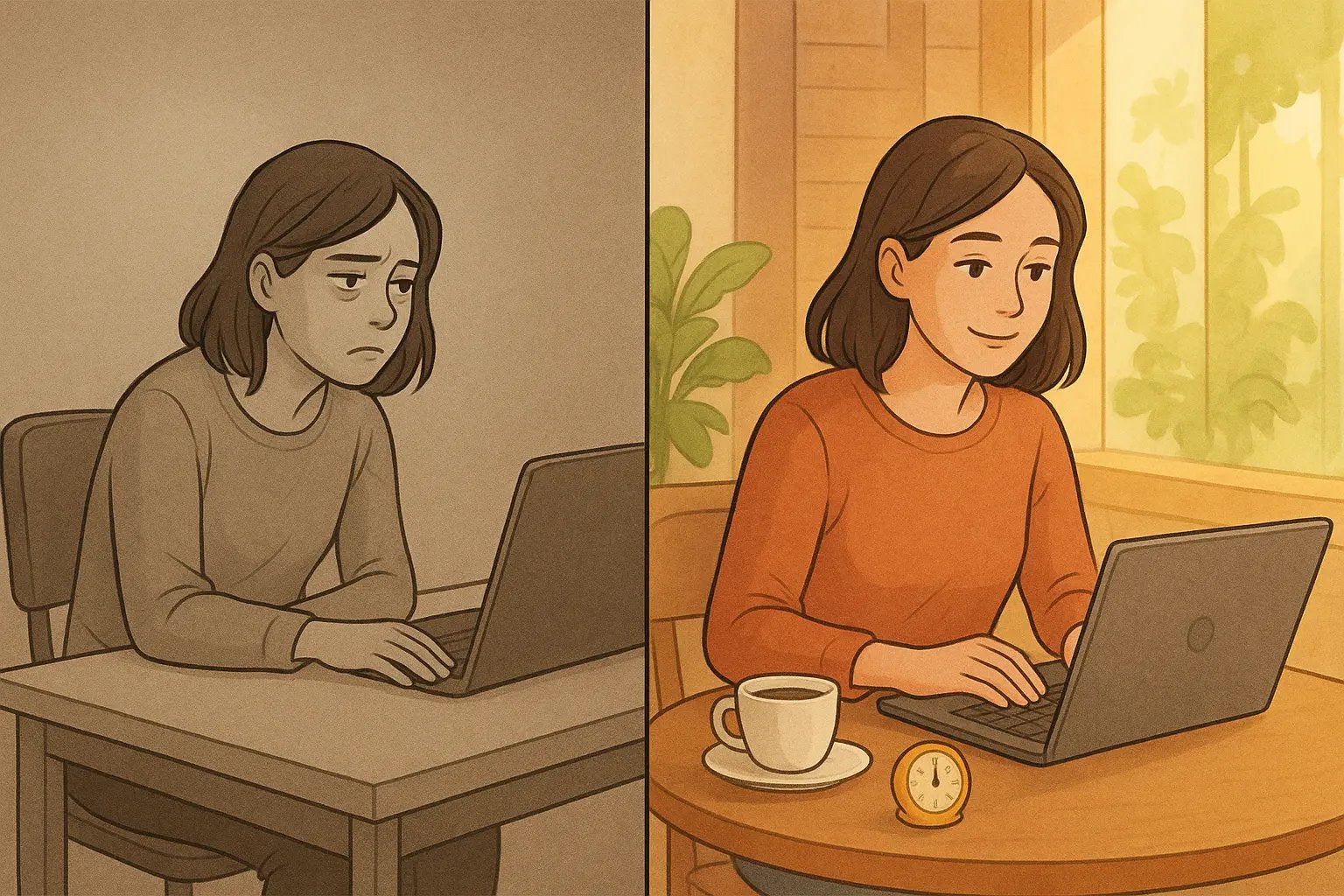 Woman productively working in a bright coffee shop with a timer, demonstrating planned novelty for neurodivergent focus